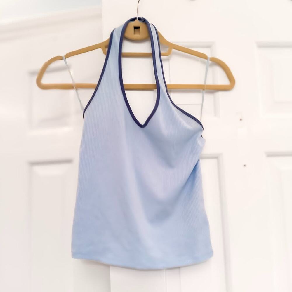 American Eagle Light Blue Ribbed Halter Top with Navy Trim Women's Size Small